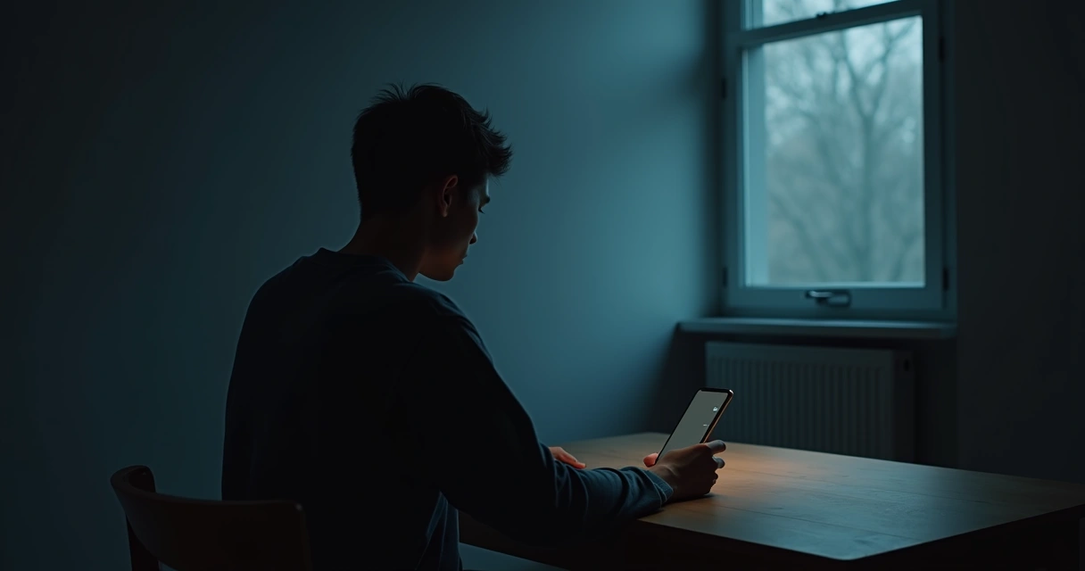 Pessoa sentada em sala escura olhando um celular sobre a mesa iluminado por pequena faixa de luz 
