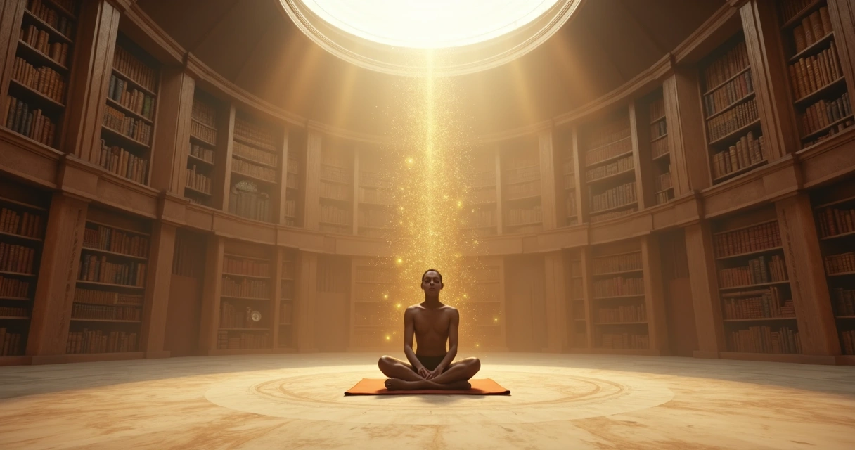 Pessoa sentada em solitude em biblioteca antiga cercada por luz suave 