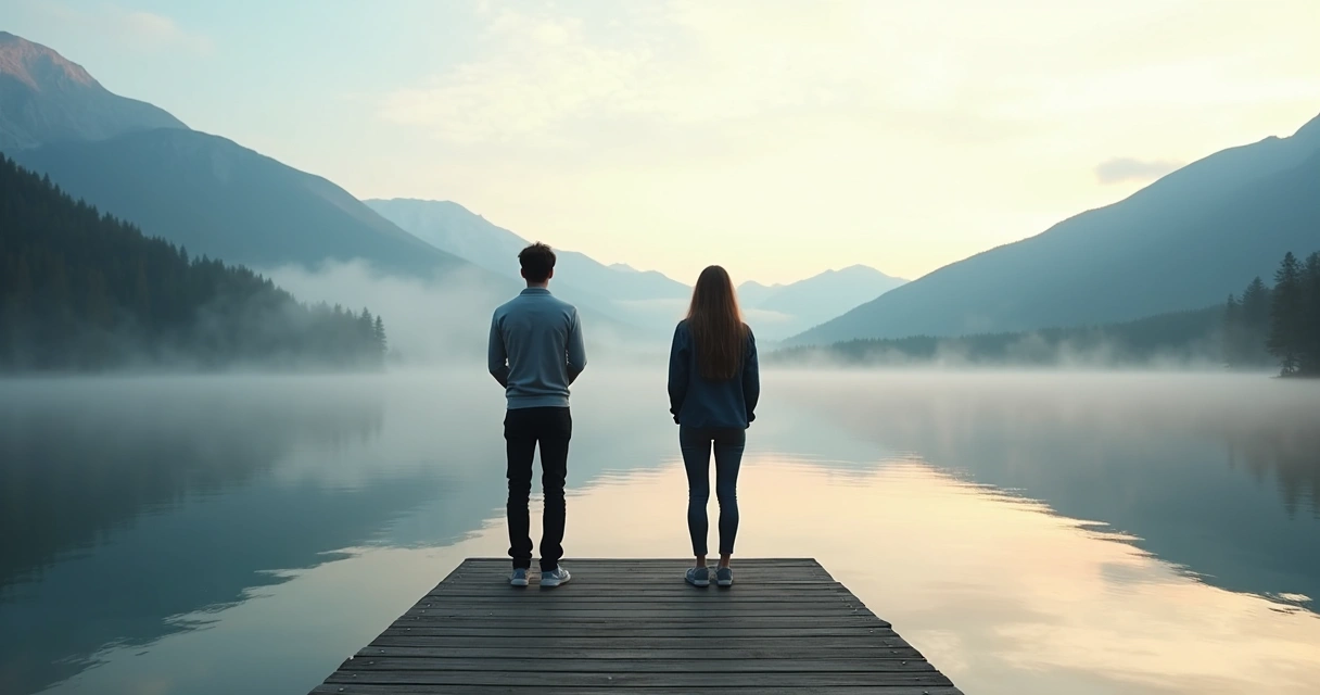 Duas pessoas em silêncio contemplando paisagem tranquila 