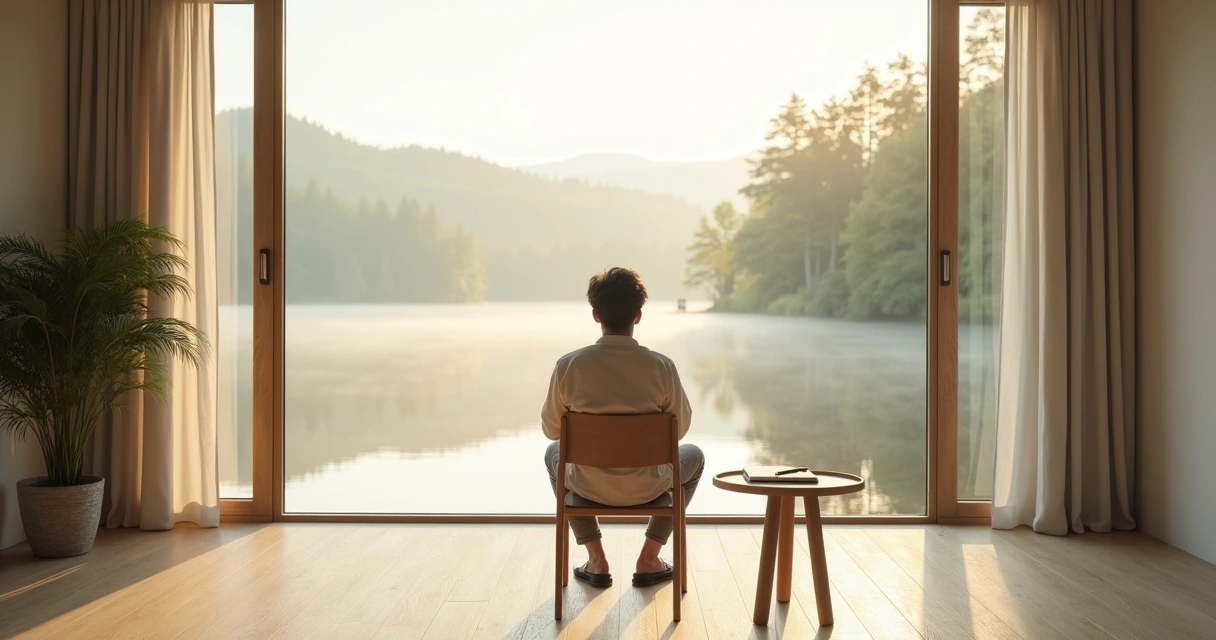 Pessoa sentada em silêncio diante de uma janela ampla com vista para a natureza 