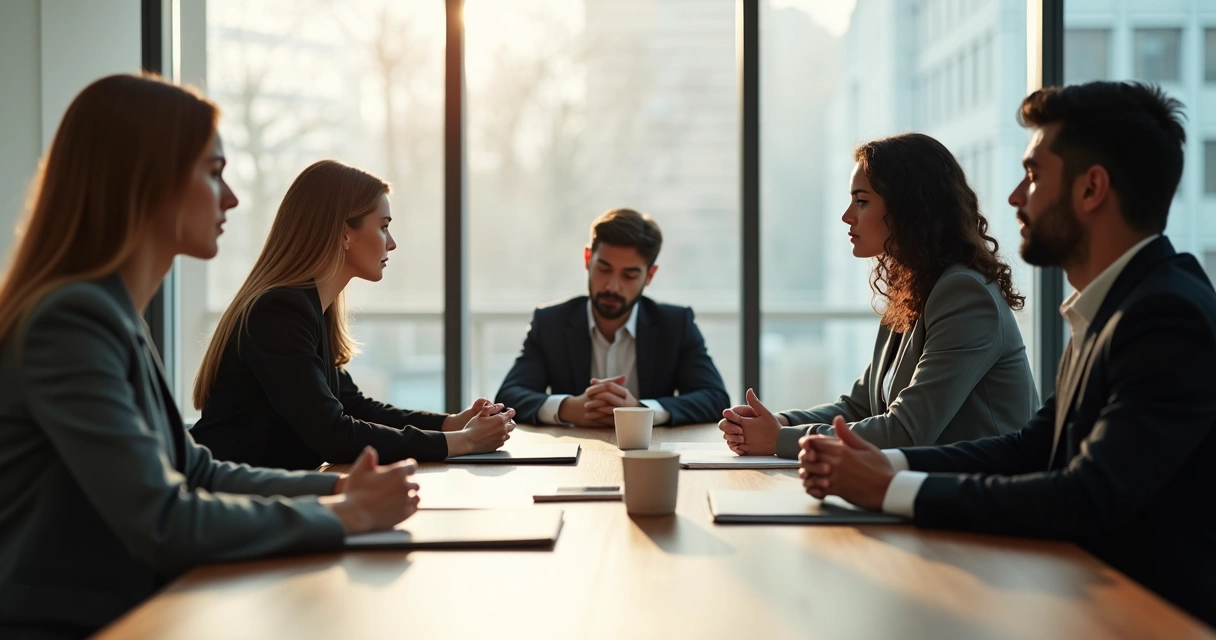 Equipe em silêncio antes de reunião no escritório