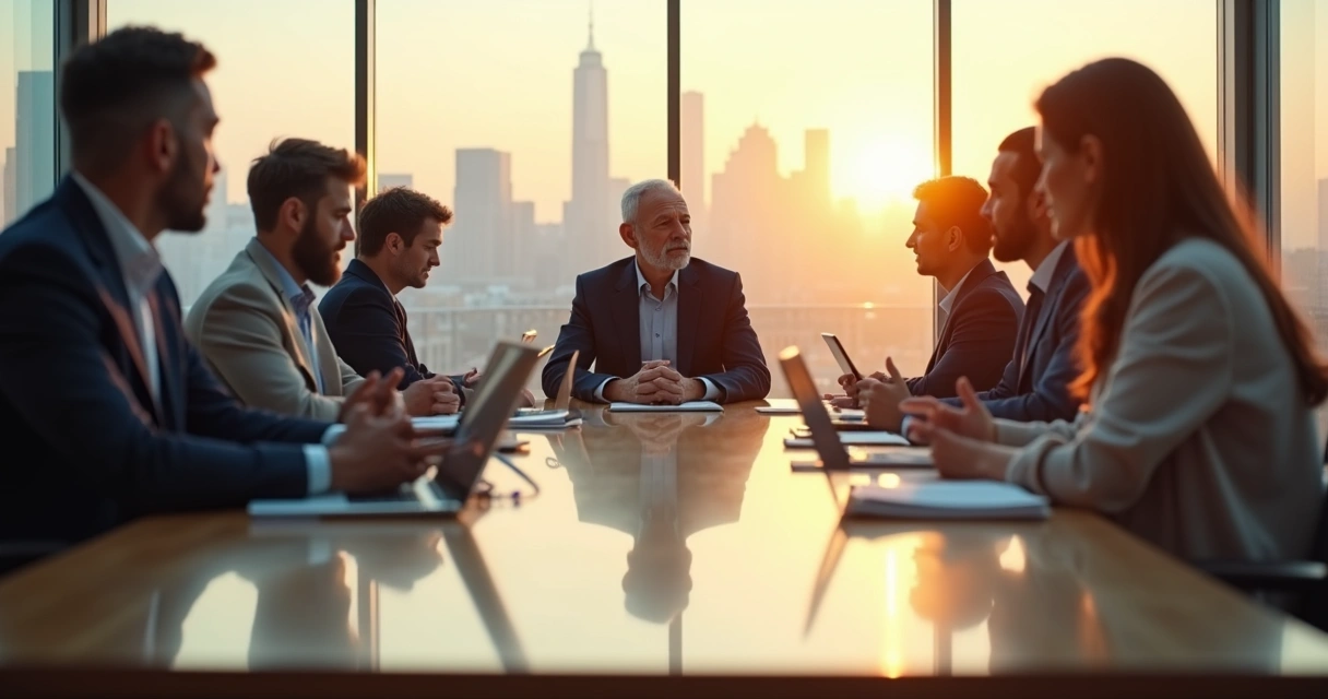 Líder en sala de juntas practicando silencio consciente durante reunión de trabajo 
