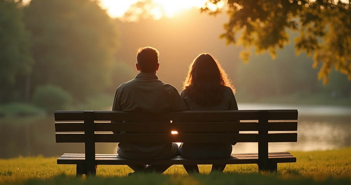 Duas pessoas sentadas em silêncio lado a lado em um banco ao ar livre 