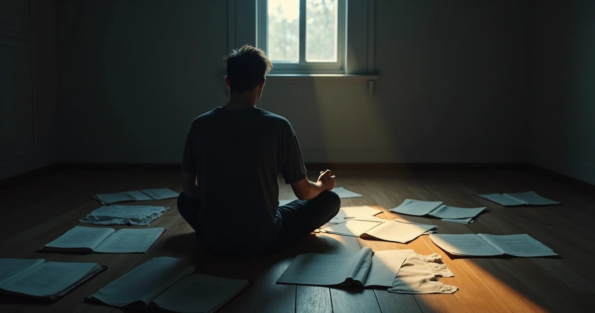 Pessoa sentada em quarto escuro com feixe de luz iluminando livros abertos no chão 