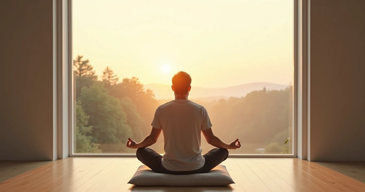 Persona sentada en silencio frente a una ventana grande con luz suave 