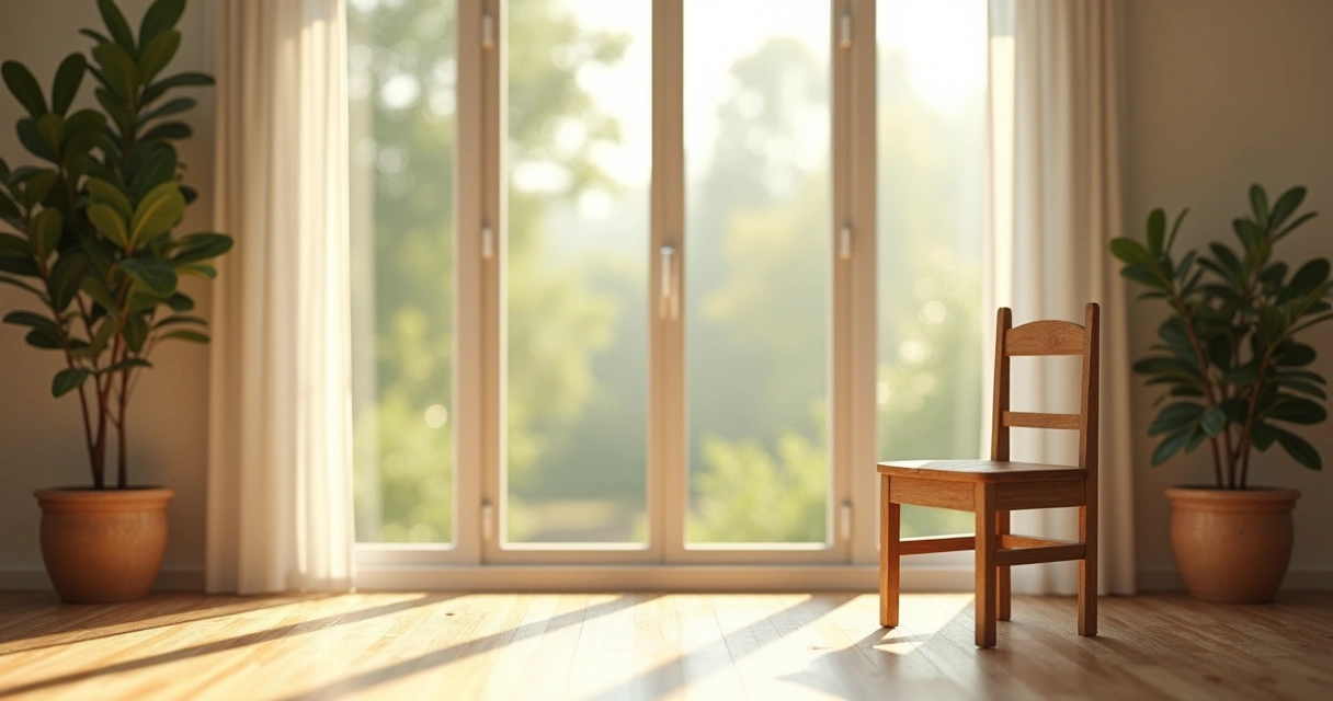 Ambiente silencioso com luz suave, cadeira vazia e janela aberta