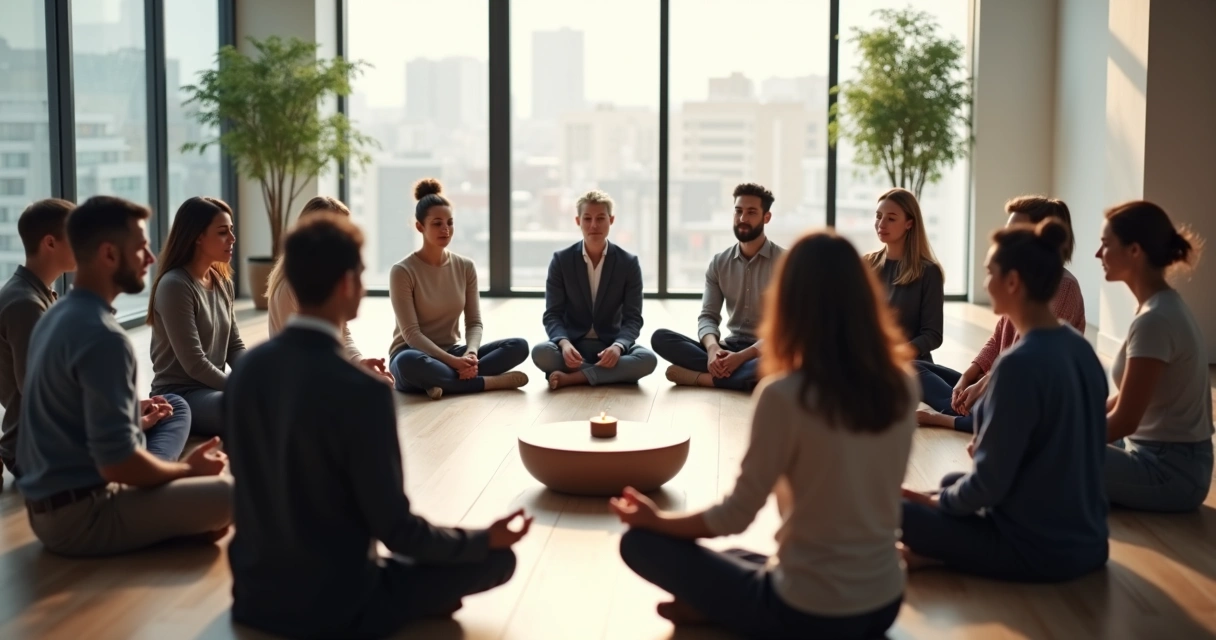 Grupo diverso em círculo em uma sala ampla em silêncio consciente 