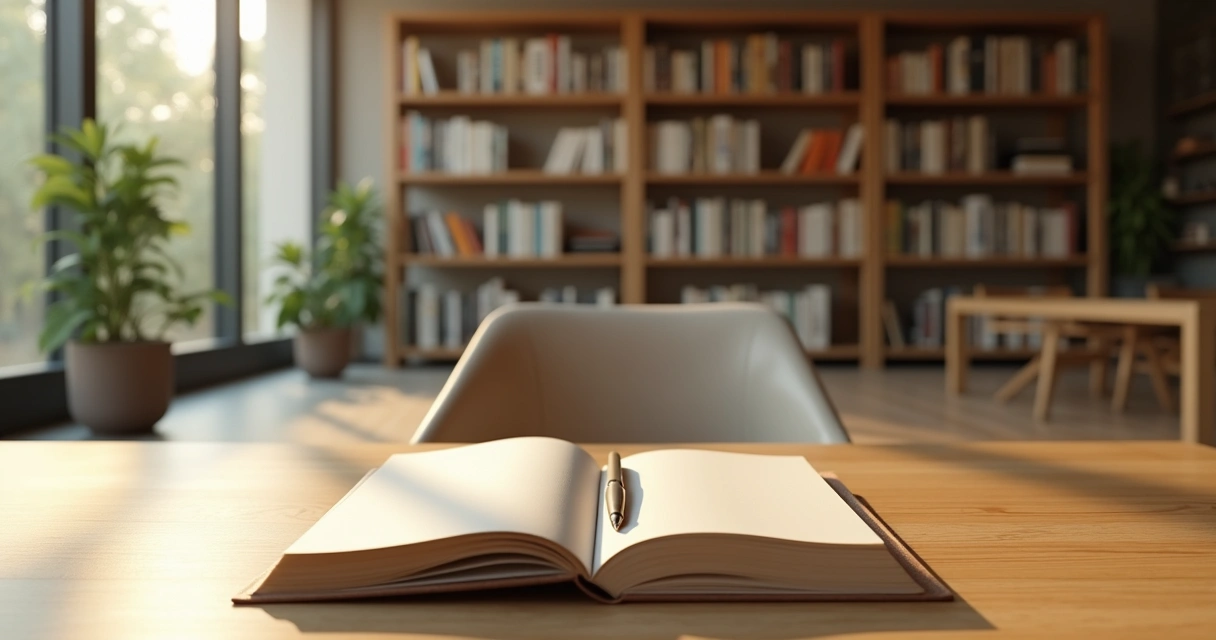 Pessoa em silêncio em biblioteca minimalista cercada por livros desfocados 