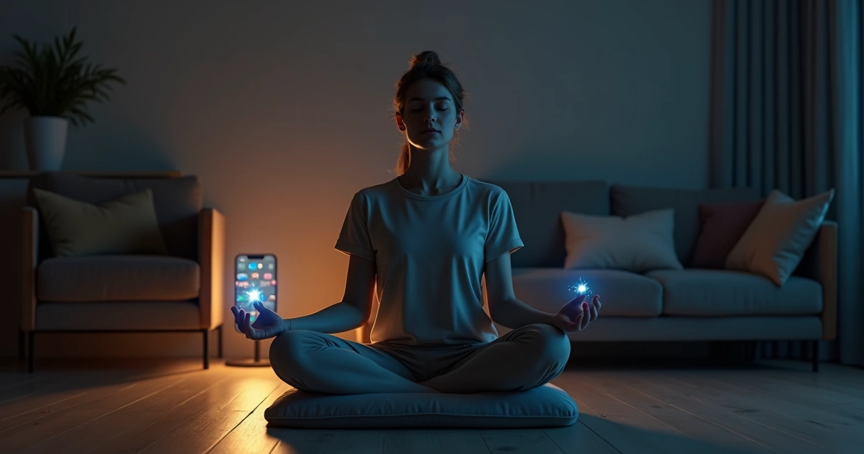 Pessoa sentada em meditação em uma sala escura com celular brilhando ao fundo 
