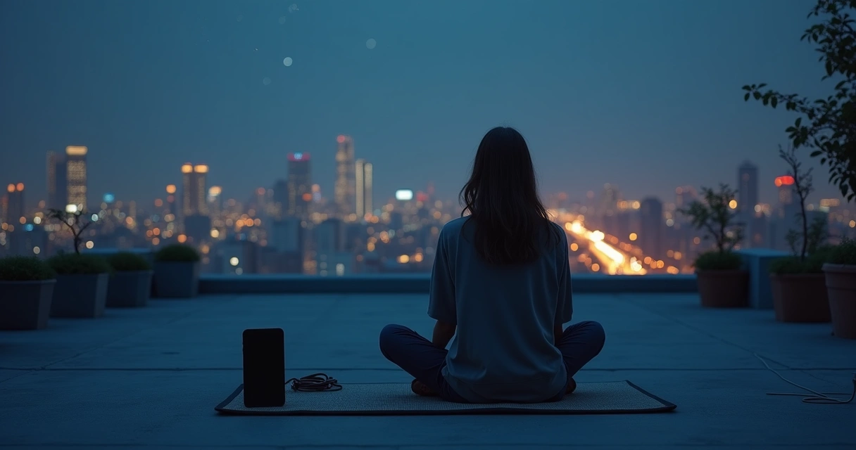 Pessoa sentada no telhado à noite contemplando cidade com celular desligado ao lado 