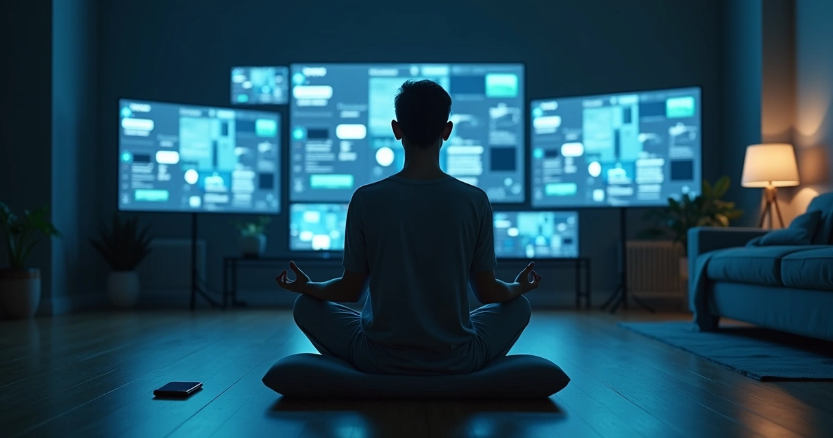 Pessoa meditando em silêncio em sala escura iluminada apenas por telas digitais ao fundo 