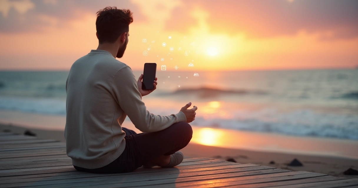 Pessoa contempla mar ao entardecer enquanto segura celular silencioso na mão 