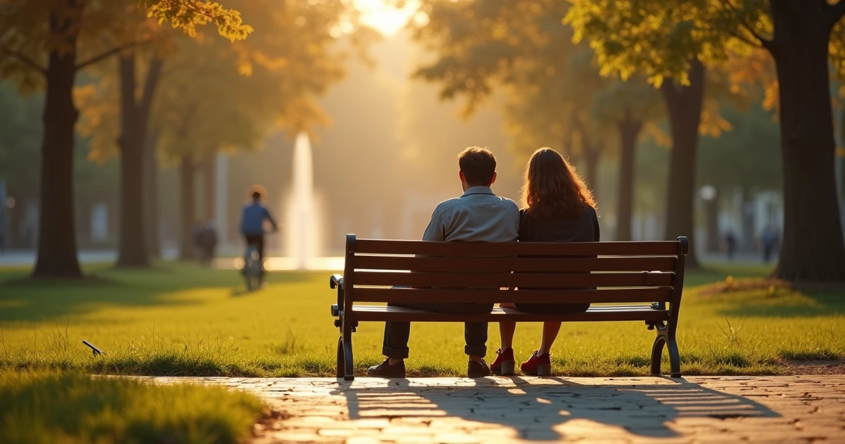 Duas pessoas em um banco de praça sem celular conversando frente a frente 
