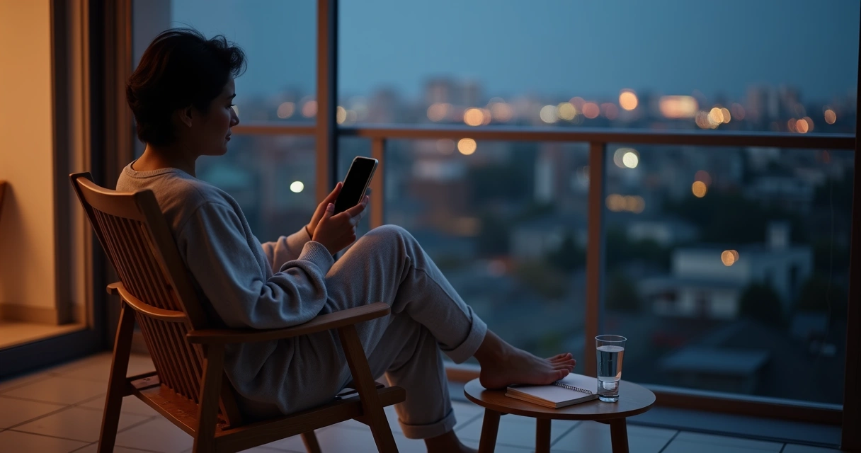 Pessoa sentada em varanda à noite olhando para a paisagem enquanto segura o celular desligado ao lado 