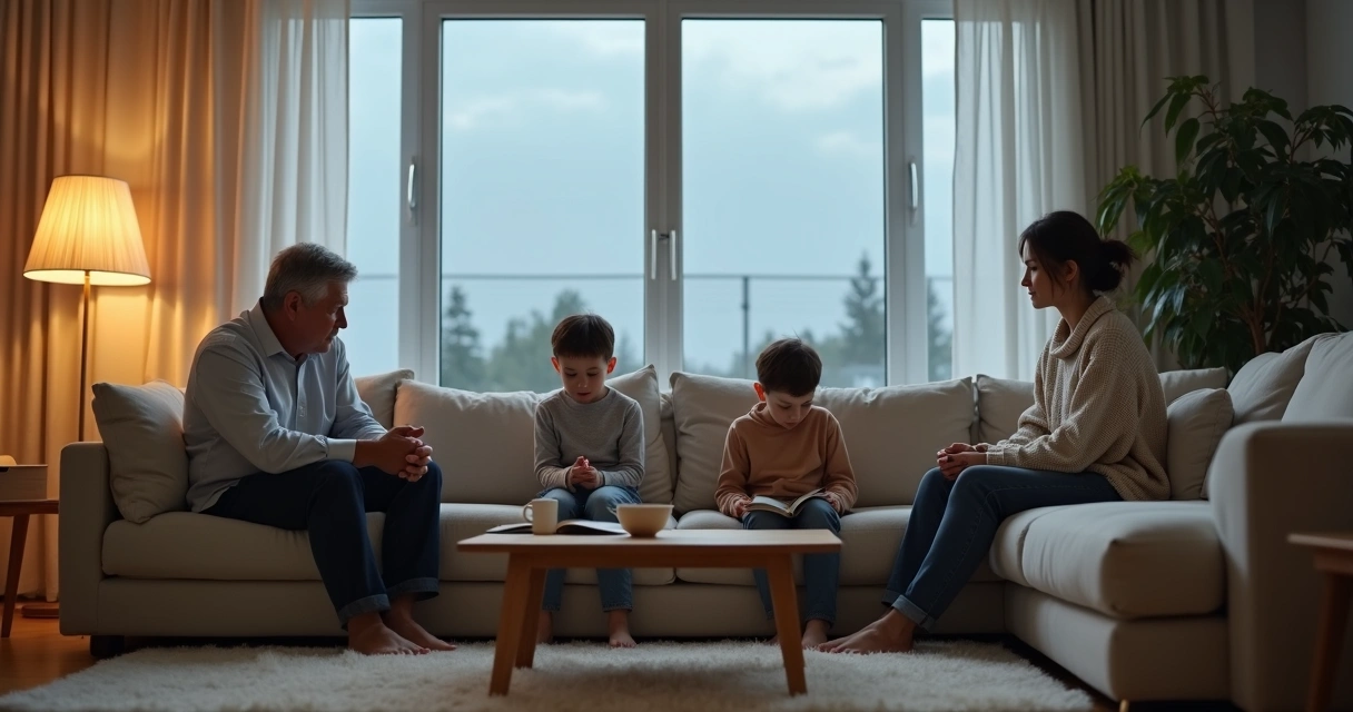 Família sentada em silêncio na sala com atmosfera contemplativa 