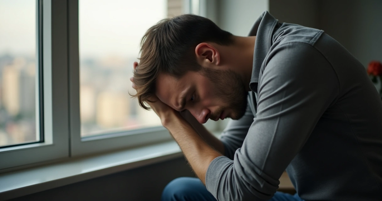 Homem sentado em sofá olhando pela janela, expressão de tristeza 