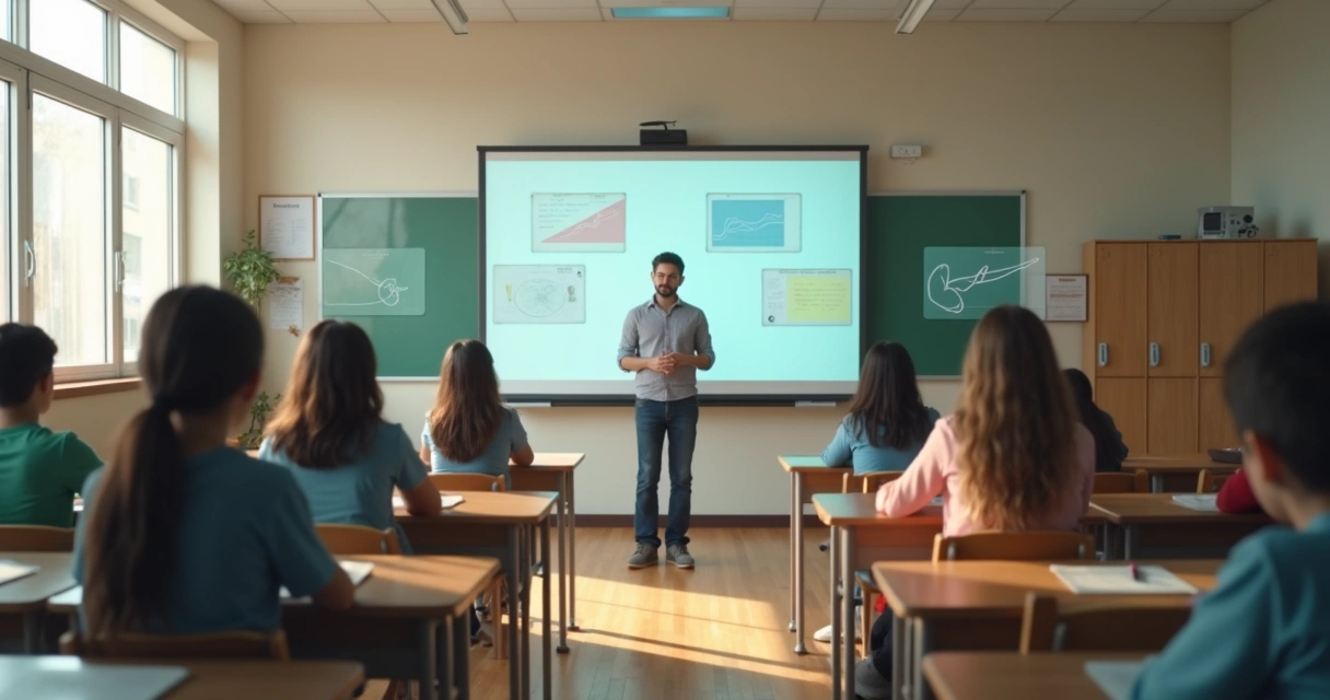 Sala de aula com estudantes separados por paredes de vidro colorido 