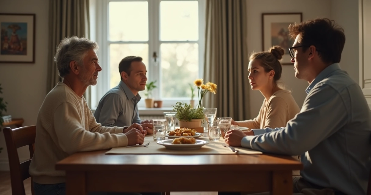 Familia sentada a la mesa con distancia emocional visible
