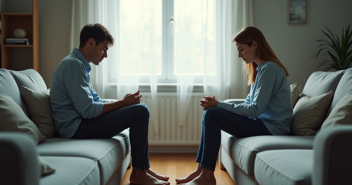Dos personas sentadas en silencio con distancia emocional