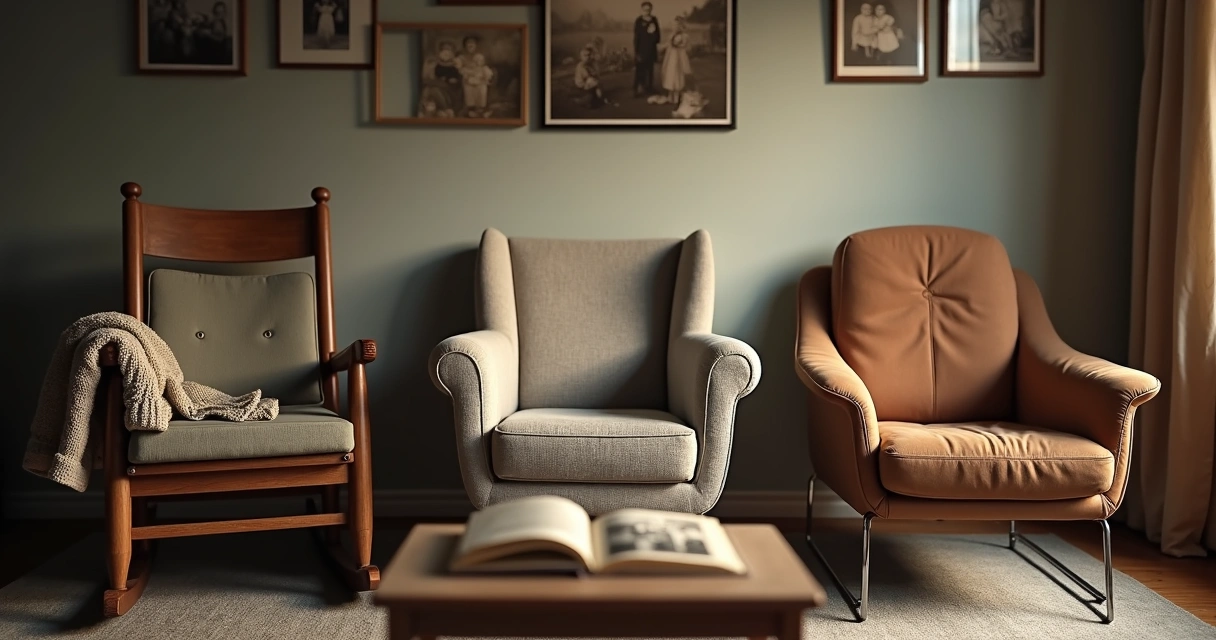 Três cadeiras vazias alinhadas simbolizando silêncio entre gerações 