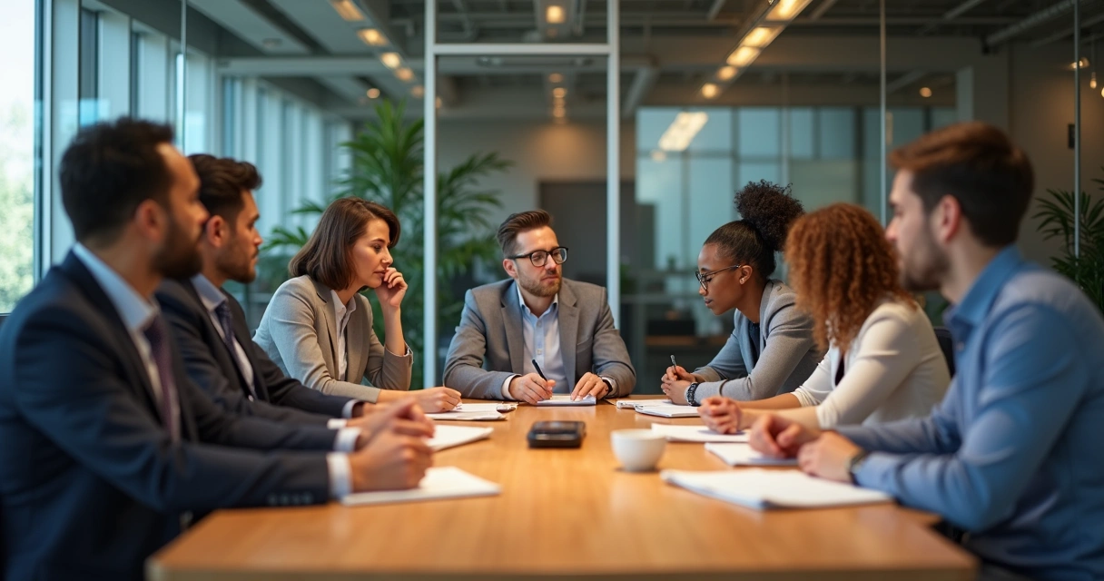 Pessoas em reunião ao redor de uma mesa, olhando para baixo em reflexão silenciosa 