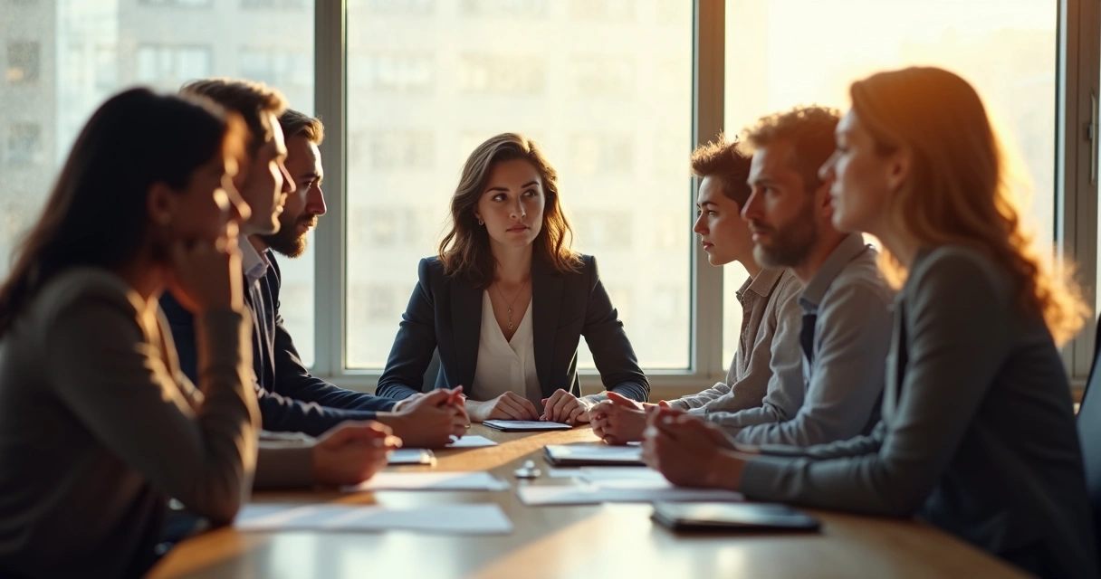 Pessoas sentadas ao redor de uma mesa de reunião em silêncio, com luz natural entrando pela janela e expressões focadas 