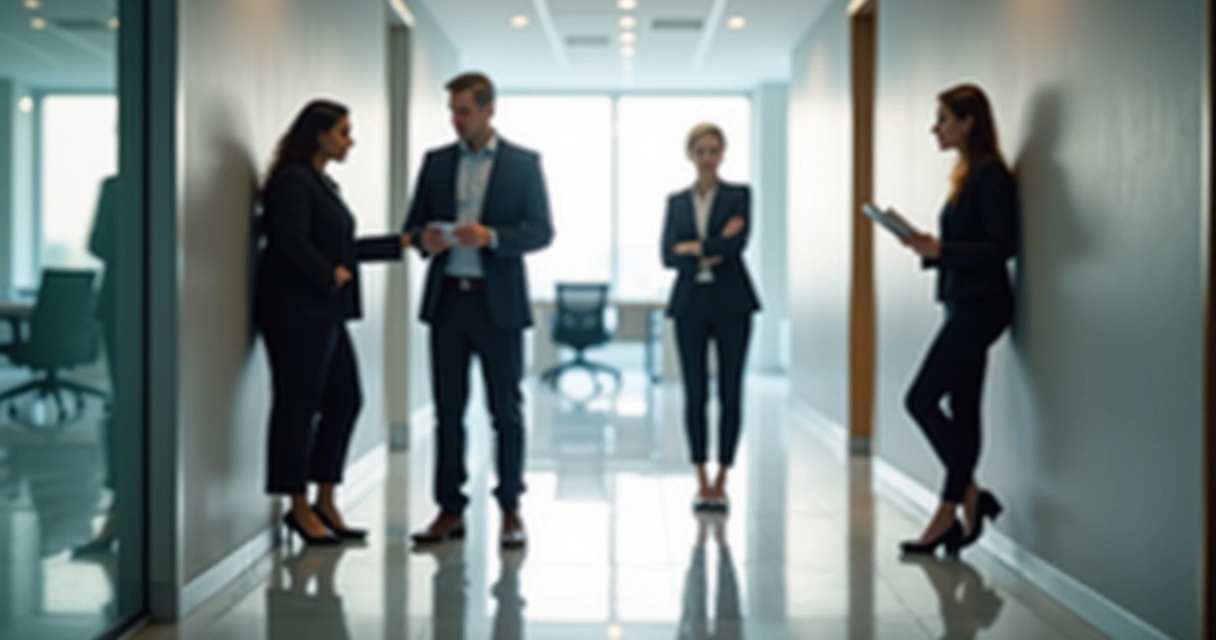 Equipe em corredor de escritório separada por barreira transparente simbolizando silêncio excessivo 