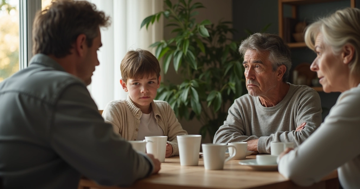 Familia en silencio alrededor de una mesa 