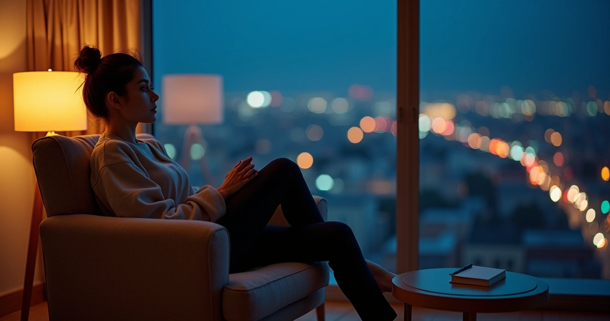 Pessoa sentada em silêncio perto da janela observando a cidade à noite 