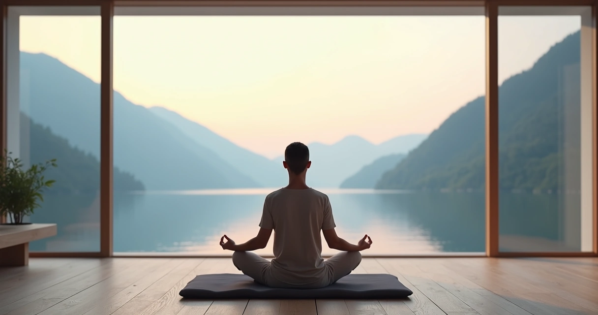 Pessoa sentada em meditação silenciosa diante de uma janela ampla com paisagem de montanhas ao amanhecer 