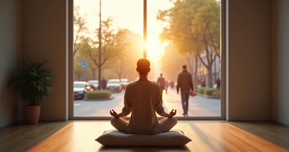 Pessoa em metade silêncio meditativo e metade ação na cidade 