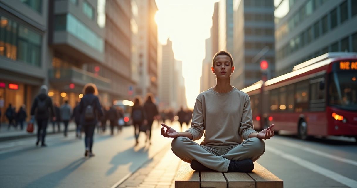 Pessoa sentada meditando em um banco com a cidade em movimento ao redor 