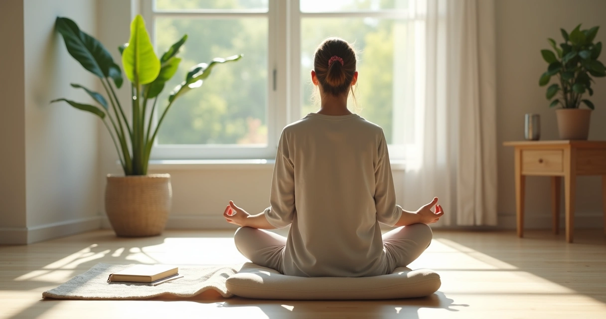 Pessoa sentada em silêncio meditando em uma sala clara e minimalista 
