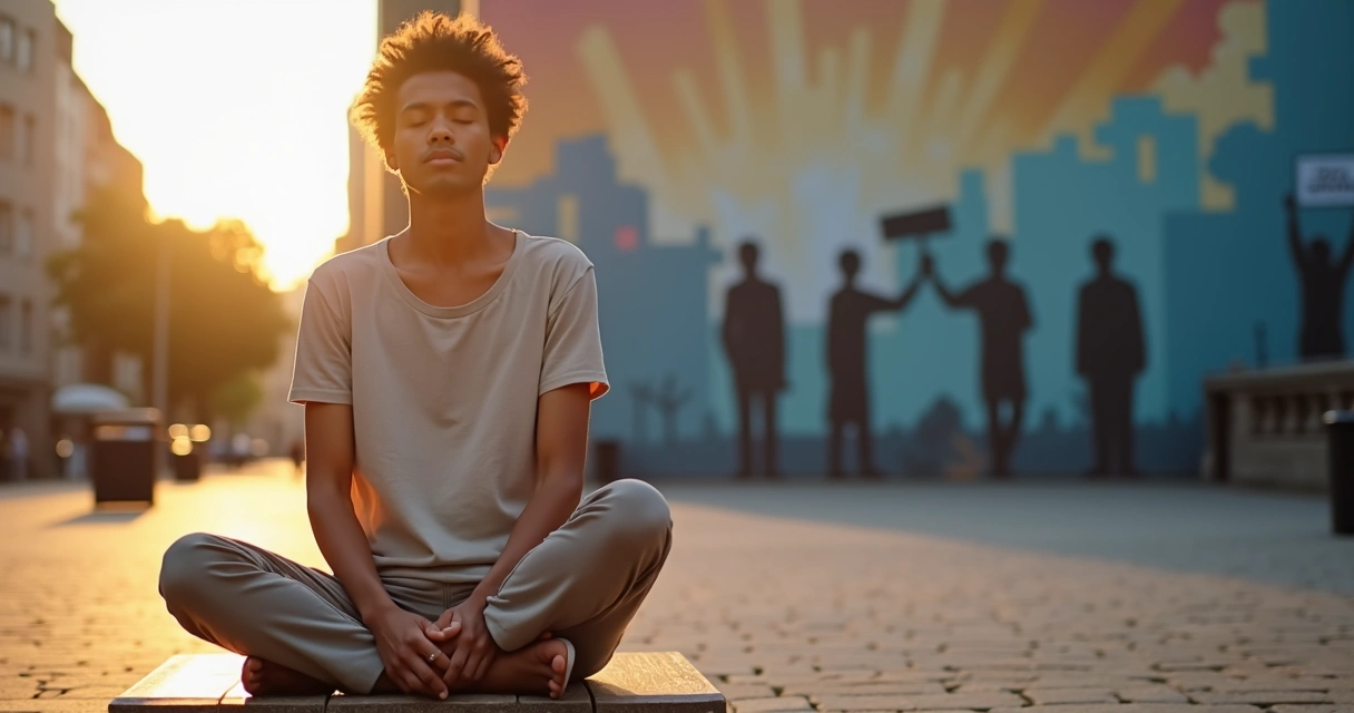 Pessoa meditando em silêncio diante de mural com símbolos de problemas sociais 