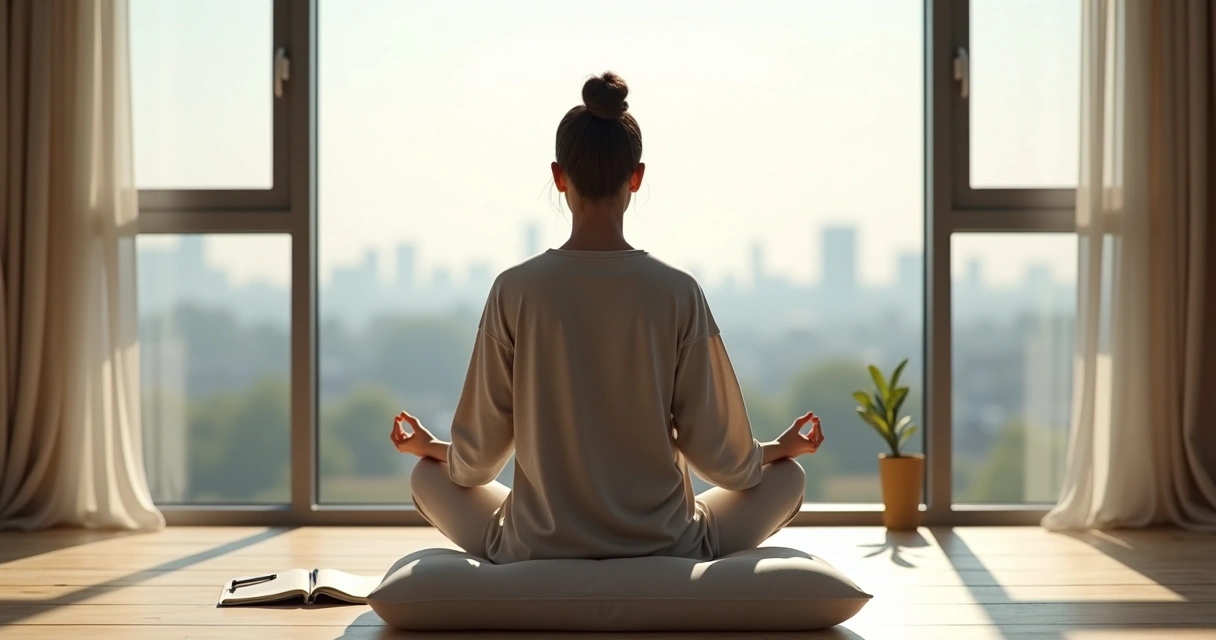 Pessoa meditando em silêncio diante de janela com luz suave 