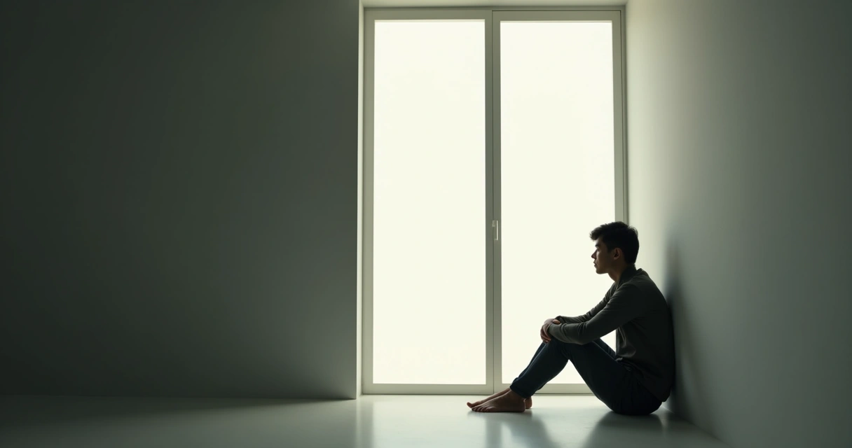 Figura sentada olhando para janela em ambiente silencioso e calmo, transmitindo sensação de vazio interno 