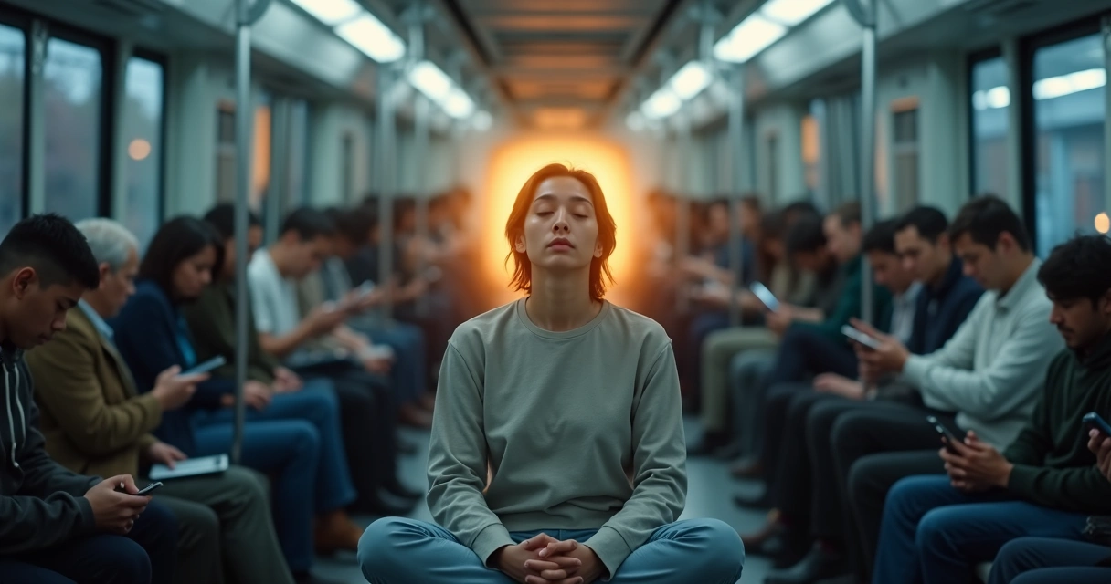 Pessoa sentada em metrô silencioso com aura de tranquilidade em volta da cabeça 