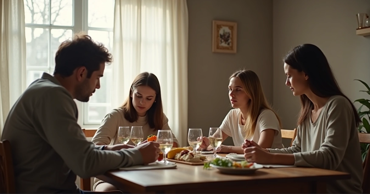 Família sentada em silêncio à mesa