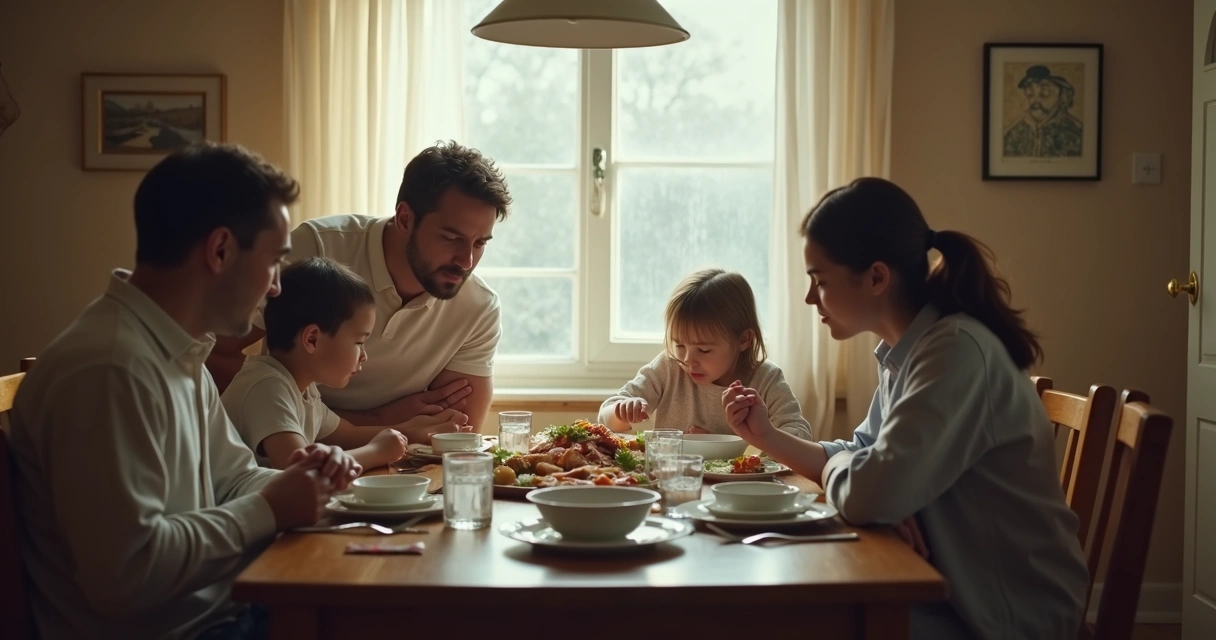 Família em silêncio à mesa de jantar 
