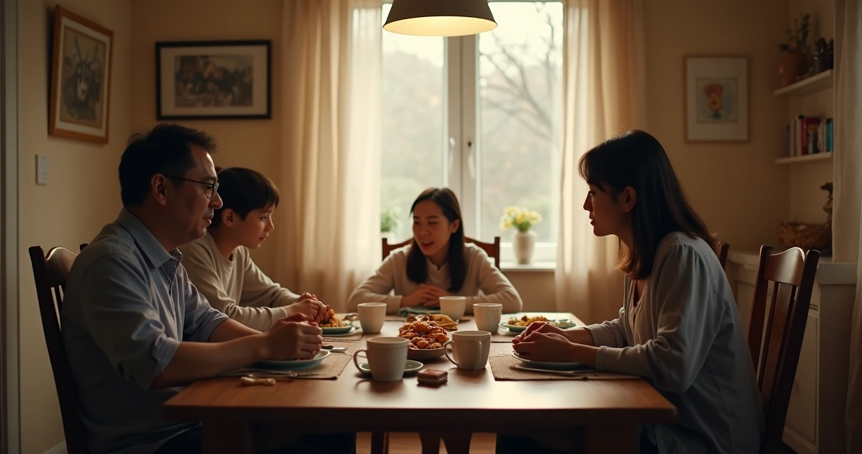 Família em silêncio à mesa com uma pessoa isolada