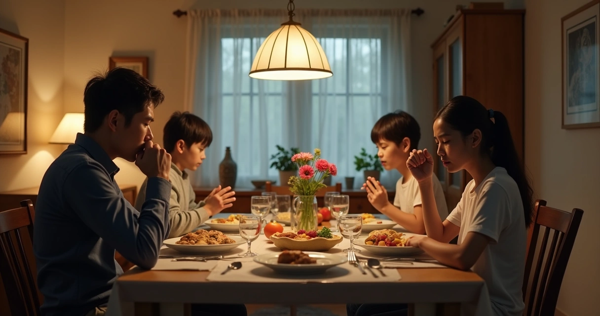 Família em mesa de jantar em silêncio e distante