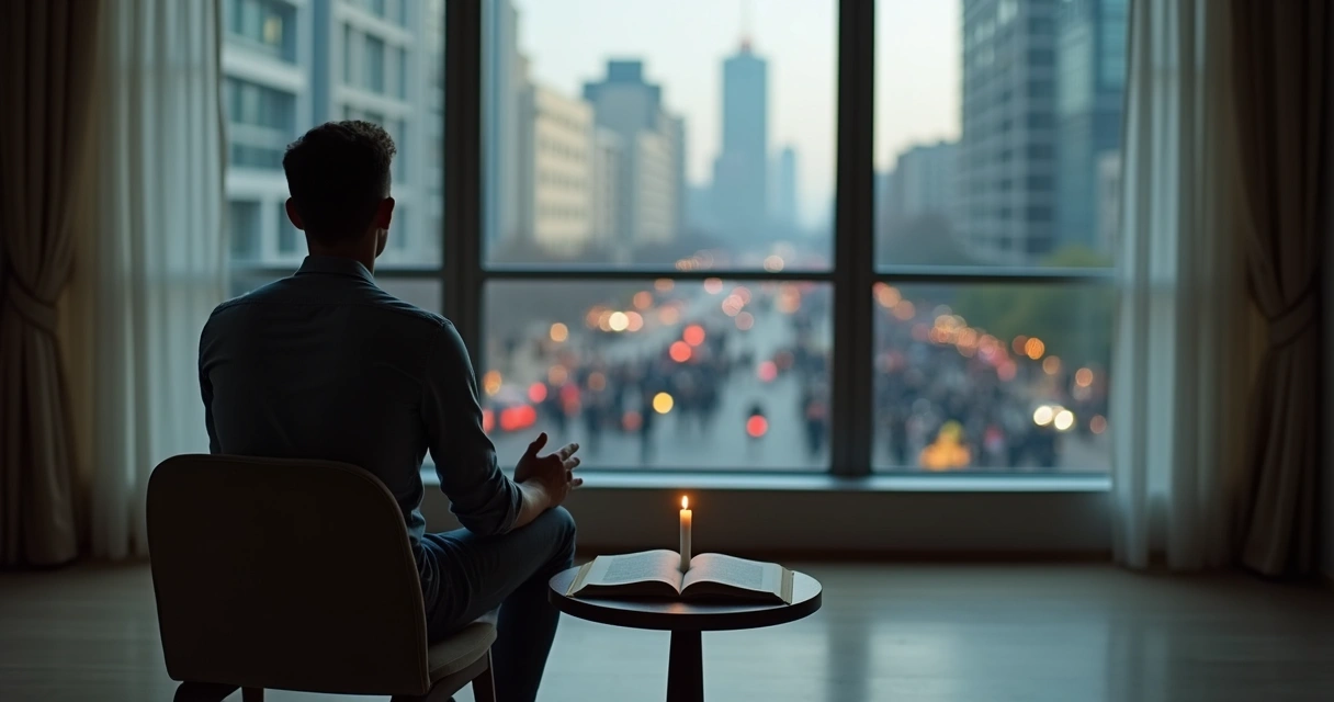 Pessoa sentada em silêncio diante de uma janela com cidade ao fundo 