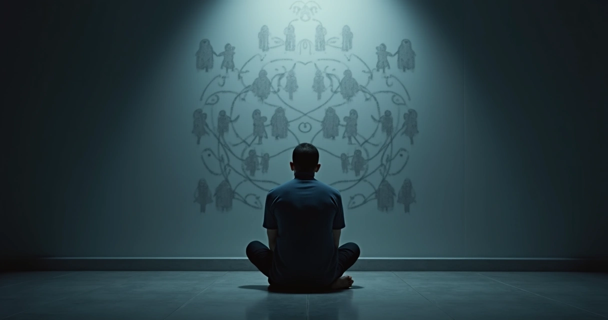 Pessoa sentada em silêncio em um quarto escuro com reflexos de padrões repetitivos na parede 