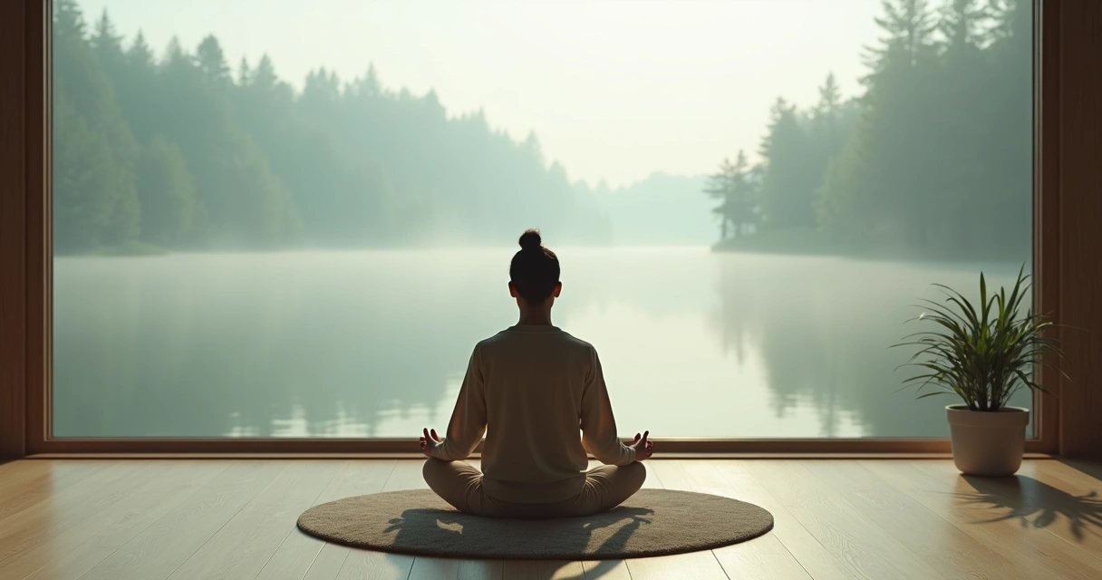 Pessoa meditando em silêncio em frente a janela com vista para a natureza 