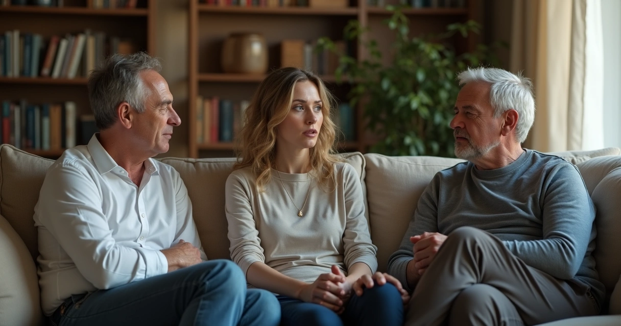 Três pessoas sentadas em um ambiente, duas em discussão e uma observando silenciosamente 