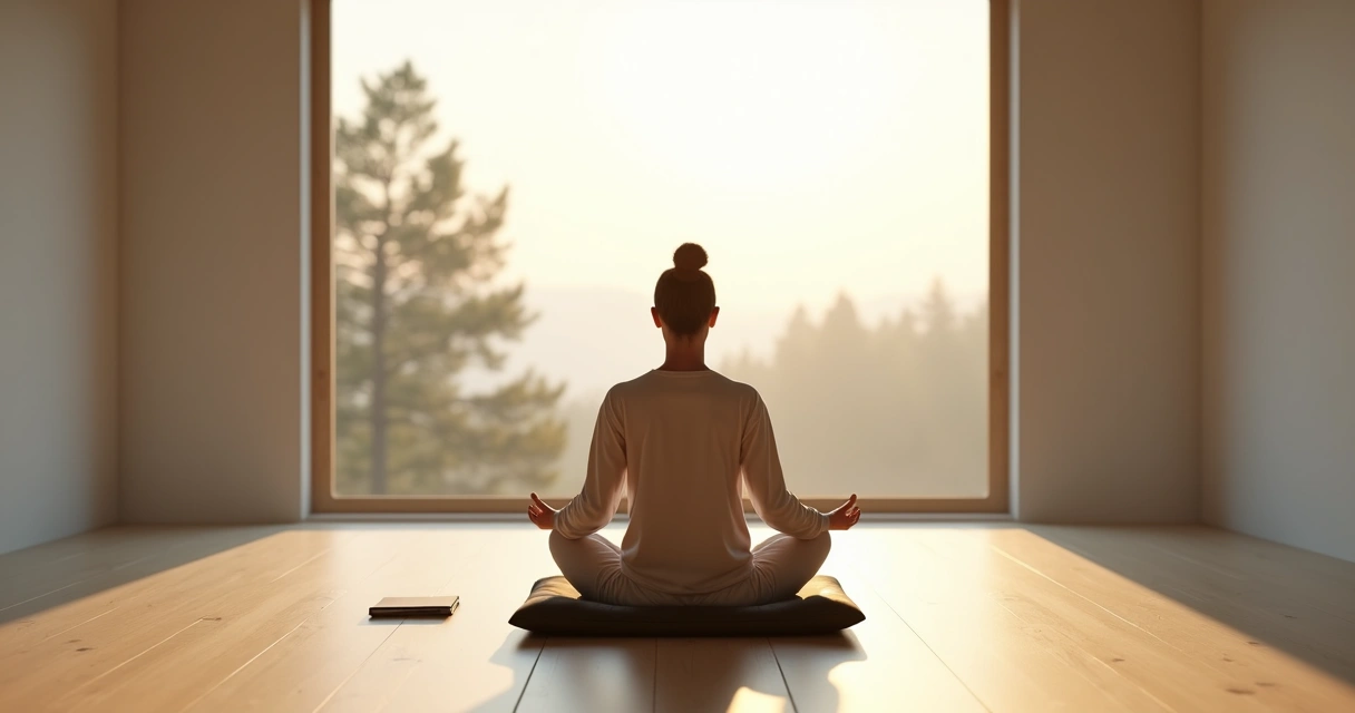 Pessoa em silêncio meditando em sala minimalista com luz suave 