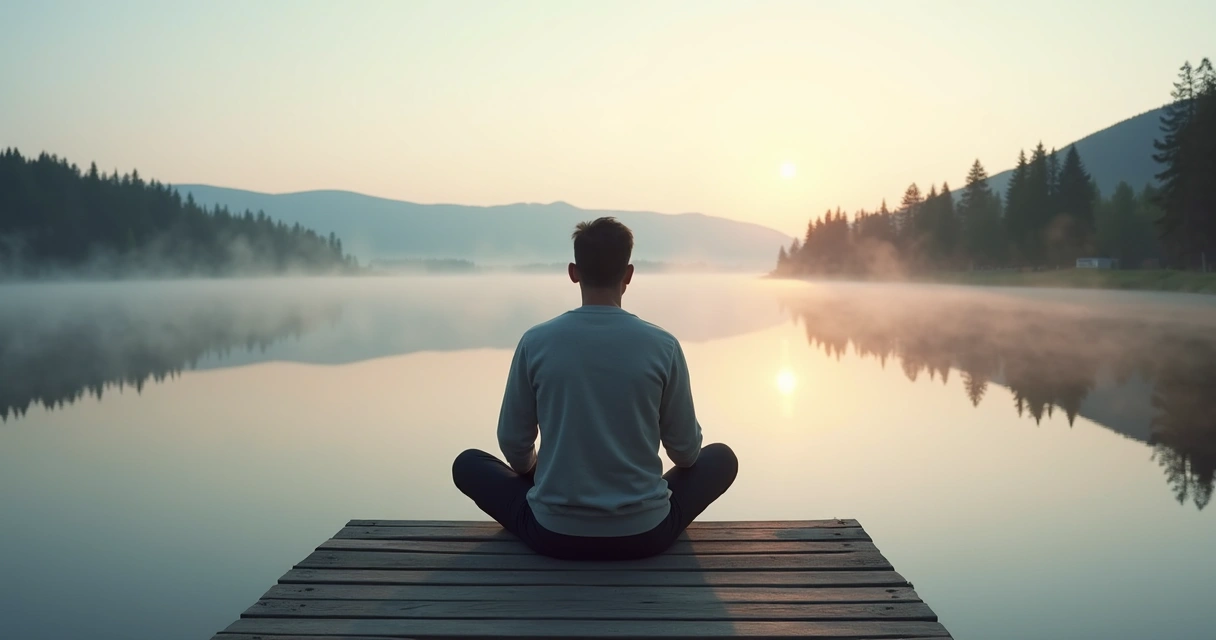 Pessoa sentada em silêncio diante de um lago ao amanhecer 