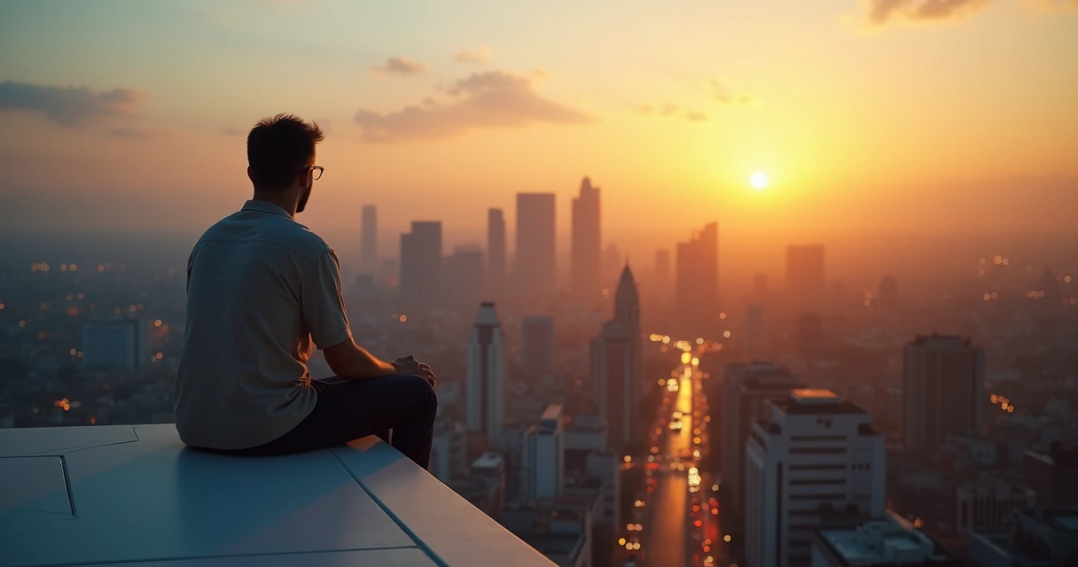 Pessoa em silêncio observando a cidade do alto ao pôr do sol 