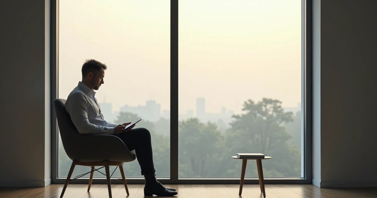 Pessoa sentada em silêncio olhando pela janela em ambiente minimalista 