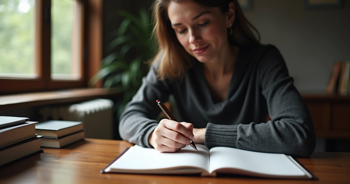 Pessoa em silêncio escrevendo em caderno ao lado de livros empilhados